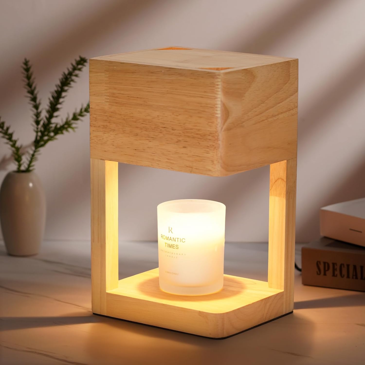 Dimmable Wooden Candle Warmer Lamp with Timer